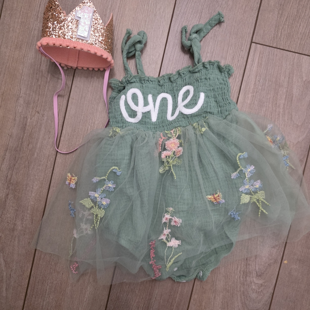 Green Embroidered Tulle First Birthday Dress with Crown - Picture 1 of 3
